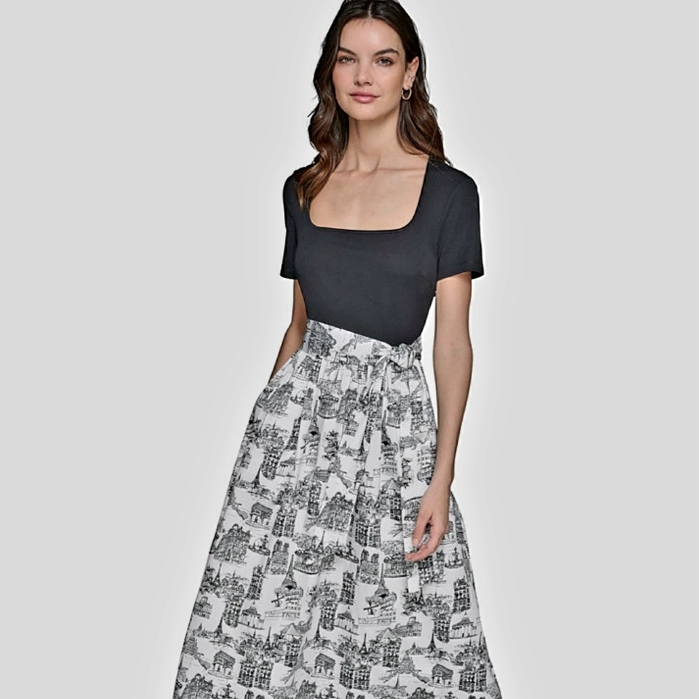 Karl Lagerfeld Monochrome Mixed Media Graphic Midi Dress